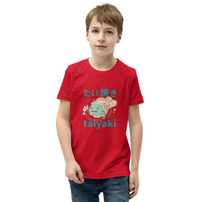Red short-sleeve t-shirt V2 with cartoon blue fish, Japanese text and taiyaki