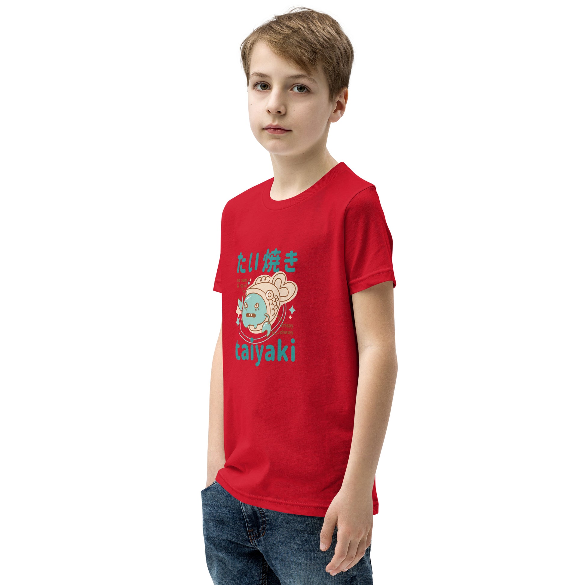 Red short-sleeve t-shirt V2 with cartoon blue fish in taiyaki shell