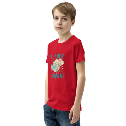 Red short-sleeve t-shirt V2 with cartoon blue fish in taiyaki shell