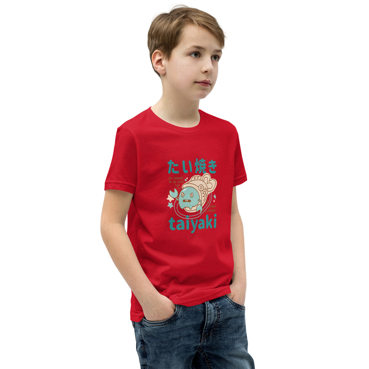 Red short-sleeve t-shirt V2 with cartoon taiyaki fish and teal text