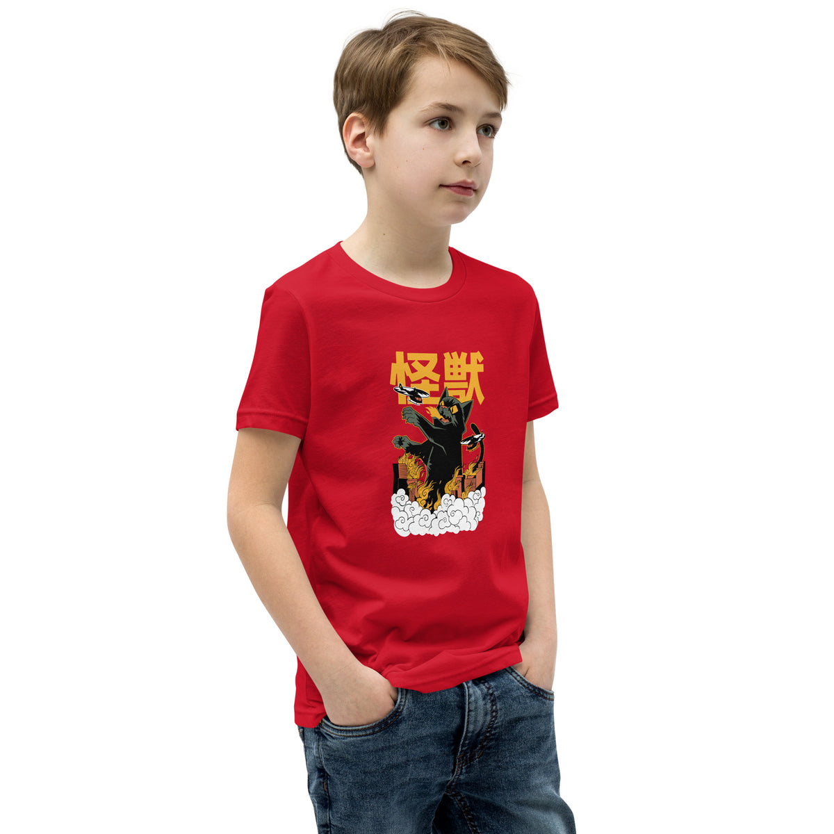 Red Short Sleeve T-Shirt V1 with black monster graphic and orange kanji