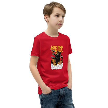 Red Short Sleeve T-Shirt V1 with black monster graphic and orange kanji
