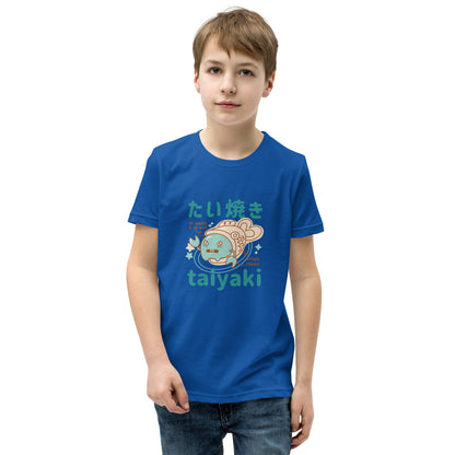 Blue kids Short Sleeve T-Shirt V2 with cute cartoon fish, Japanese text and taiyaki in teal