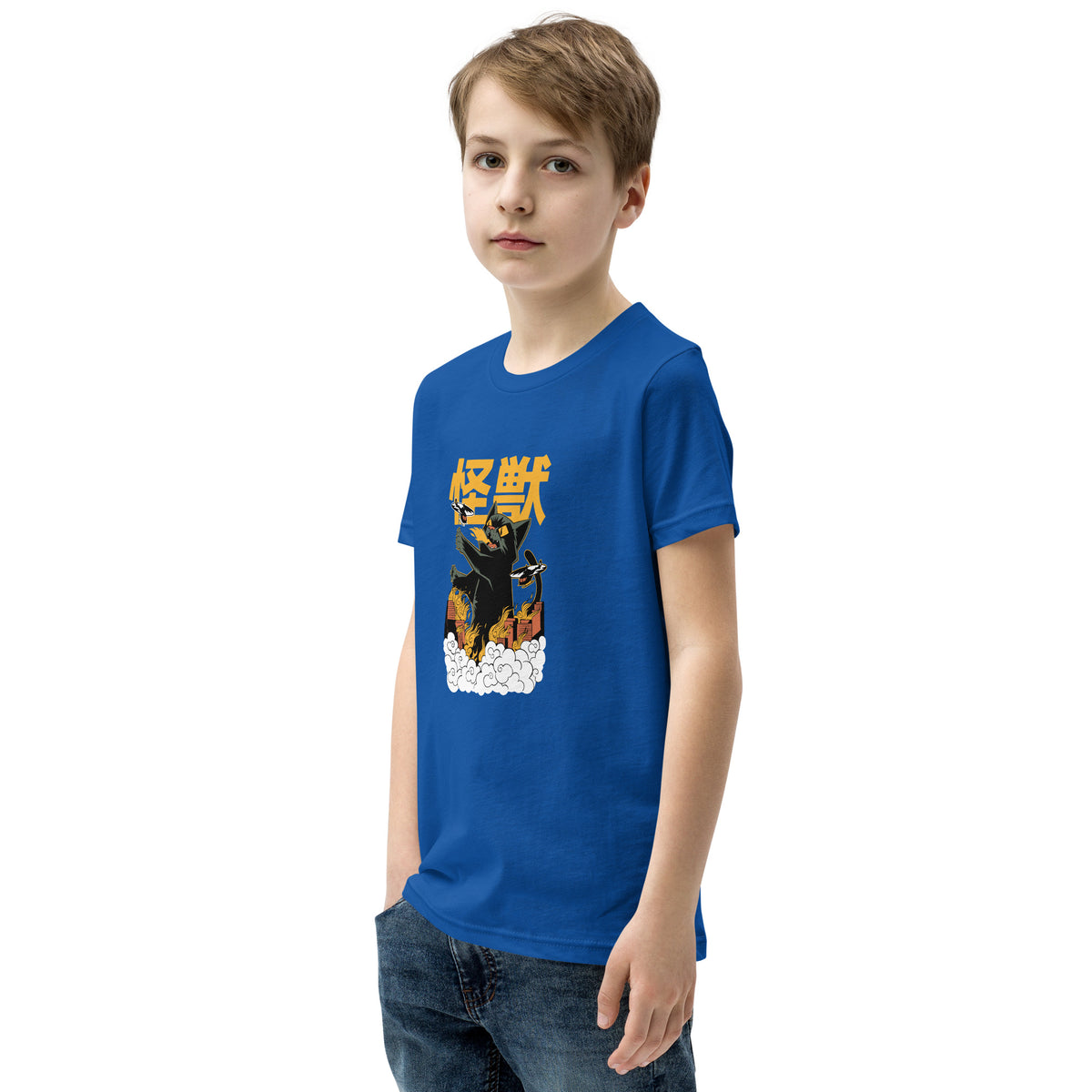 Blue short-sleeved Short Sleeve T-Shirt V1 with black cat and Japanese characters graphic