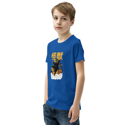 Blue short-sleeved Short Sleeve T-Shirt V1 with black cat and Japanese characters graphic