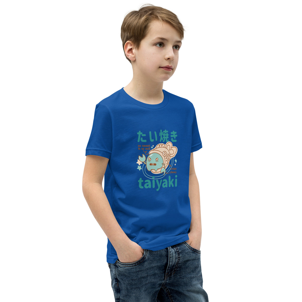 Blue short-sleeve t-shirt V2 with cartoon fish, Japanese text and taiyaki in teal