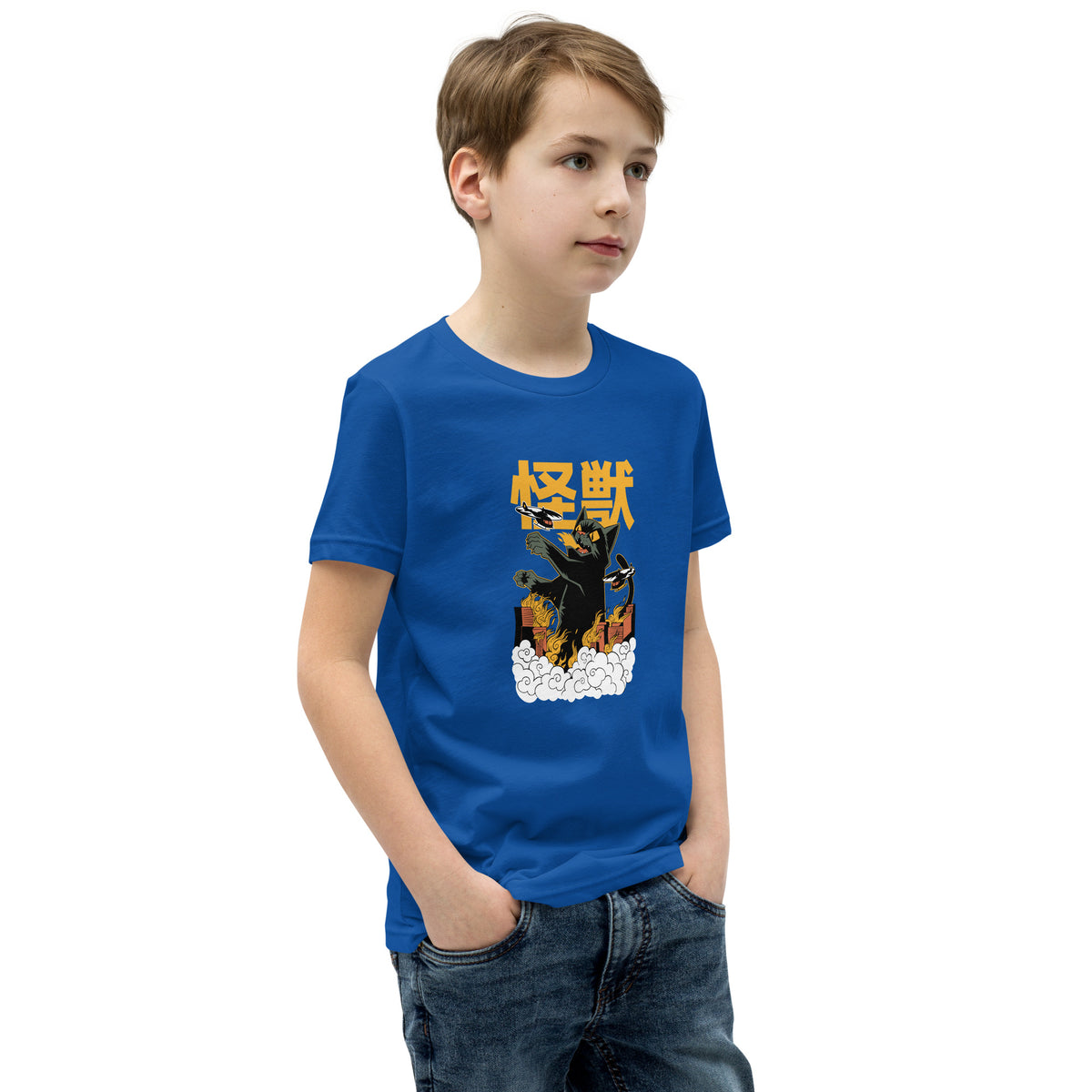 Blue Short Sleeve T-Shirt V1 with black monster graphic and yellow Japanese text