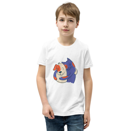 White Short Sleeve T-Shirt V3 with blue cat hugging orange white dog