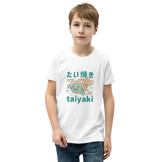 White Short Sleeve T-Shirt V2 with teal beige taiyaki cartoon and Japanese text