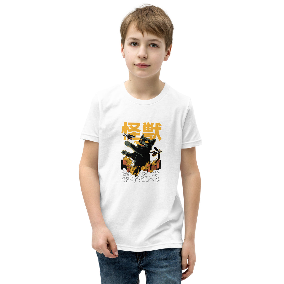White Short Sleeve T-Shirt V1 with black cat and Japanese characters