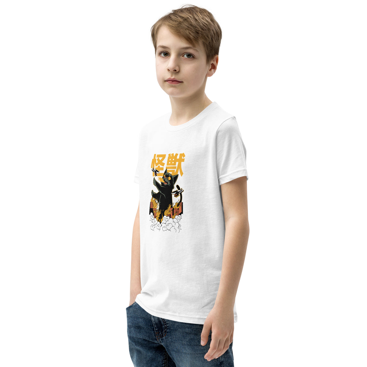 White Short Sleeve T-Shirt V1 with black cat and orange kanji graphic