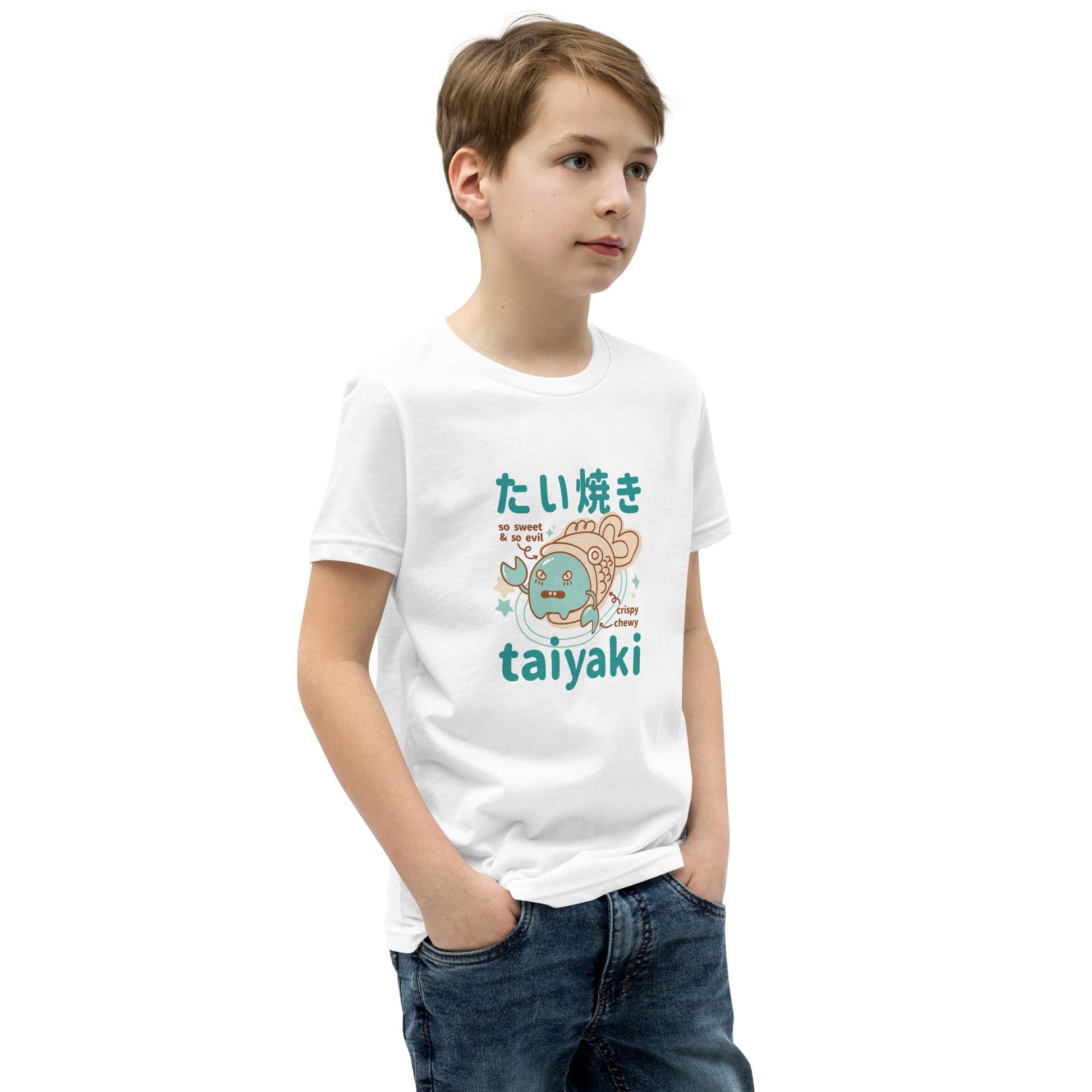 White Short Sleeve T-Shirt V2 with cute teal orange taiyaki fish design