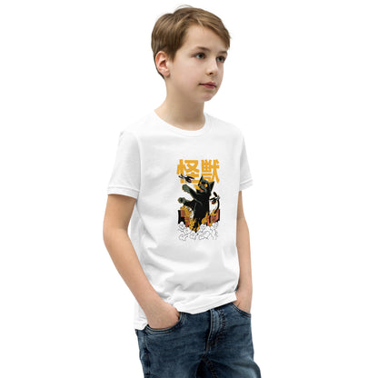 White cotton Short Sleeve T-Shirt V1 with black cat, orange Japanese text, fiery design